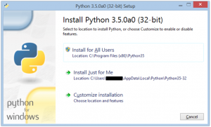 The first page of the Python 3.5 installer, showing "Install for All Users", "Install Just for Me", and "Customize installation" buttons.