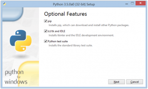 The Optional Features page of the Python 3.5 installer, showing "pip", "tcl/tk and IDLE", and "Python test suite" checkboxes.