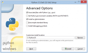The Advanced Options page of the Python 3.5 installer.