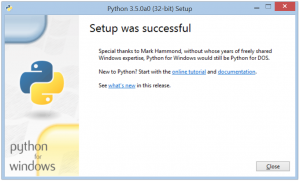 The success page of the Python 3.5 installer, showing a thankyou to Mark Hammond and links to online documentation.