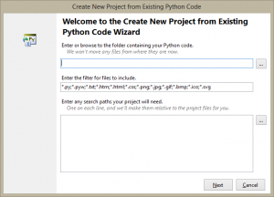 New Project from Existing Python Code Wizard page one