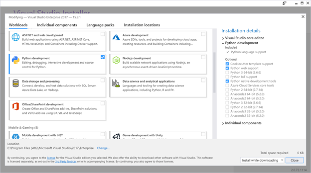 The Visual Studio 2017 installer featuring a Python workload