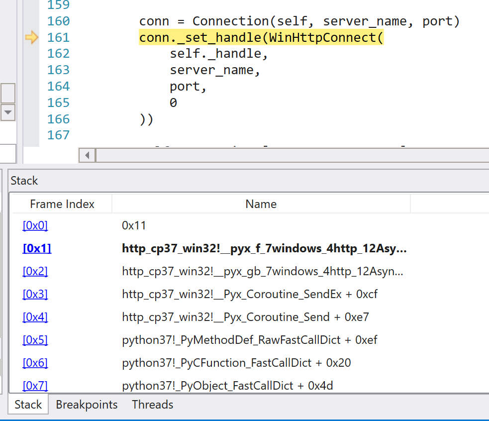 Cython code with line highlighting and call stack in WinDBG