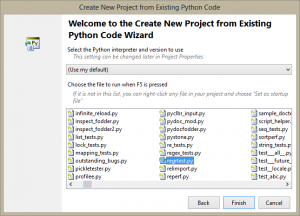 New Project from Existing Python Code Wizard page two